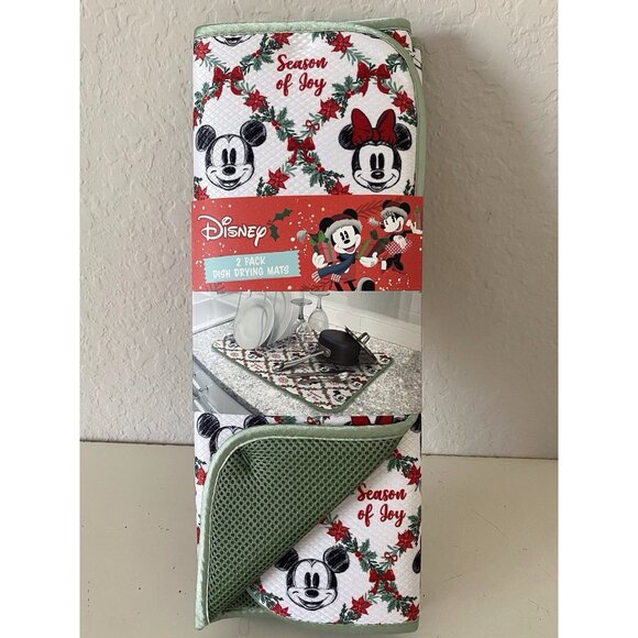 2 Pk Disney Mickey Minnie Dish Drying Mats 16" x 18" Christmas Wreath Holiday - Picture 1 of 16